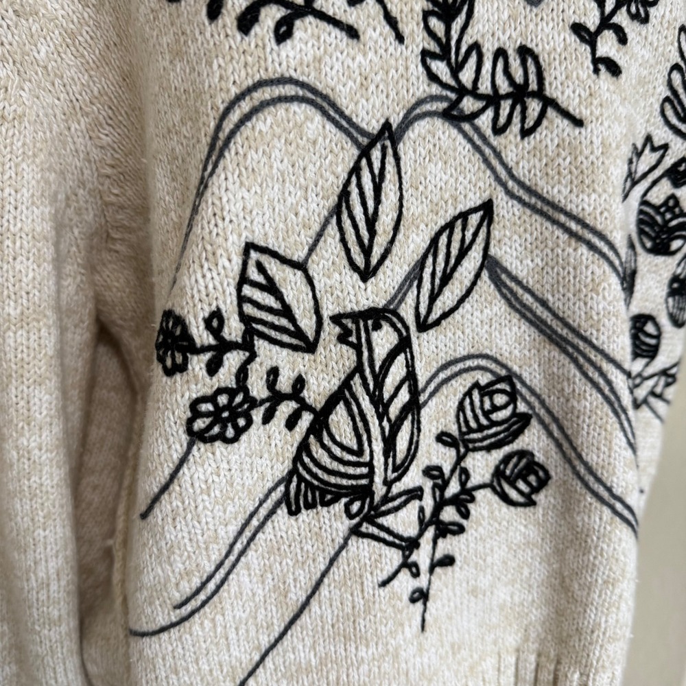 Sundance Womens Cream Black Embroidered Floral Cotton Wool Blend Sweater L - Picture 2 of 8